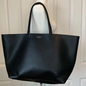 Victoria Secret Black Tote Vegan Leather Weekender Travel Bag Beach Resort